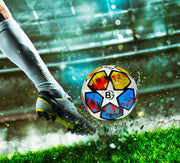 Official FIFA Quality Pro soccer ball, white with black and blue geometric design, on a green grass field