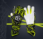 Professional goalkeeper gloves black and green with reinforced white palms and finger spines