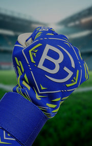 Supergrip goalkeeper gloves, White and blue and green engineered for advanced grip in wet weather