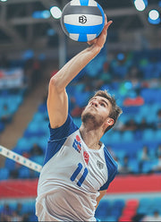 Official size 5 volleyball white with blue and gray panels on a wooden court